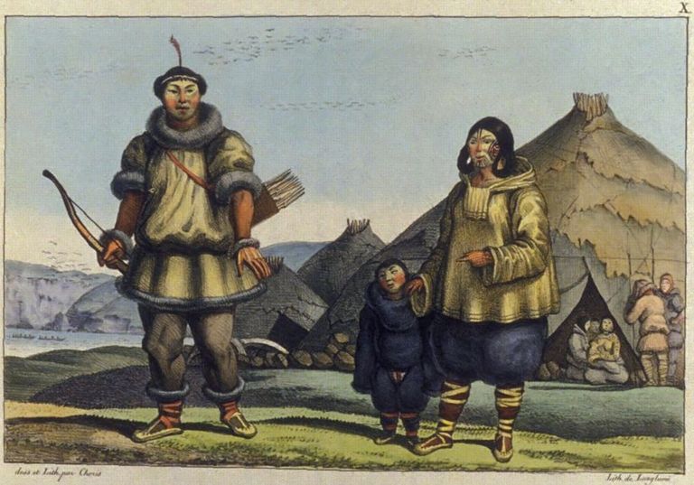 Louis Choris' 1816. aastast pärit illustratsioon Beringi mere ääres elavast tšuktši perekonnast. Pilt on ilmunud 1836. aastal Adelbert von Chamisso raamatus «Reis ümber maailma». Päevik 1815–1835.