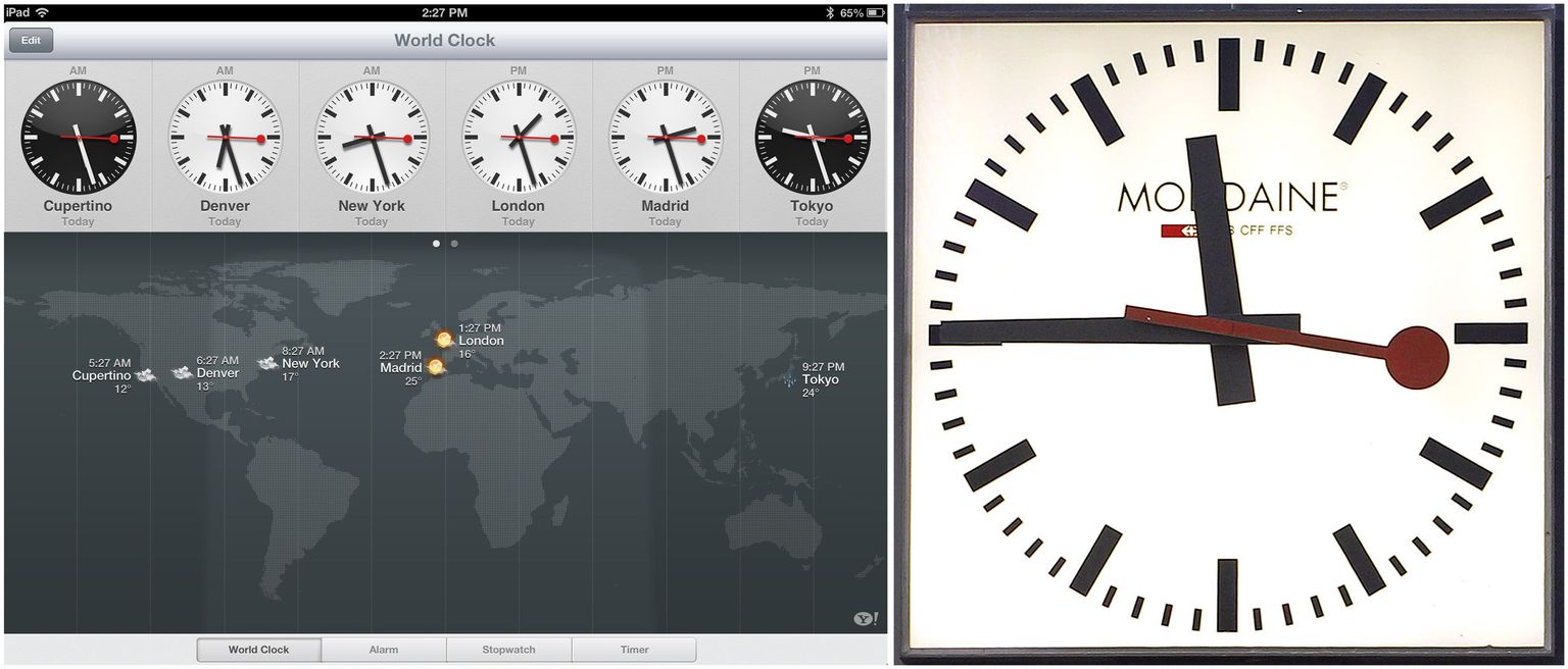 Vasakul asub Apple'i iOS6-s kasutatava kella välimus, paremal on Hans Hilfikeri poolt disainitud kell.