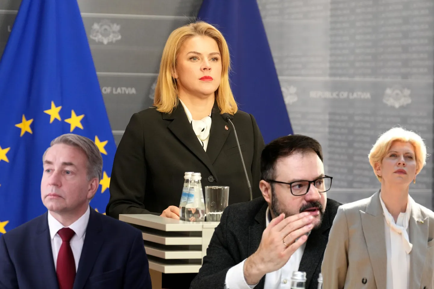 Премьер-министр Эвика Силиня и отправленные в отставку министры: Улдис Аугулис, Каспар Бришкенс и Анда Чакша