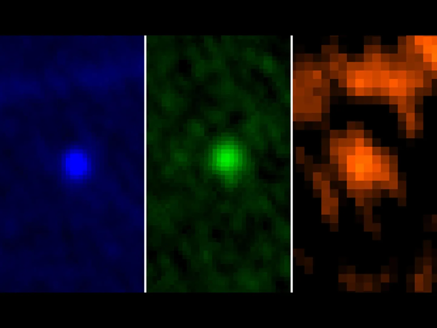 Euroopa kosmoseagentuuri ESA Herscheli kosmoseobservatooriumi fotod asteroid Apophisest kolmel valguse lainepikusel - sinisel, rohelisel ja punasel