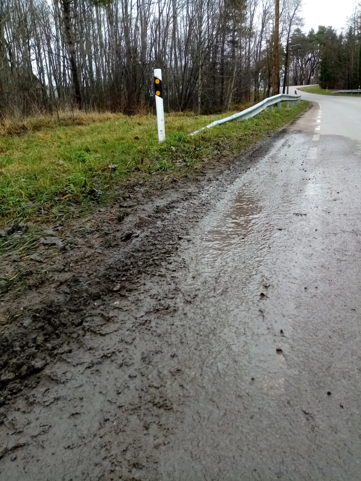 KUHU MAHUB JALAKÄIJA? Fotolt on näha suurte masinate jäljed teepeenral. Fakt, et sama teeserva pidi liiguvad ka lapsed kooli ja emad beebikärudega, teeb kohalikud murelikuks.