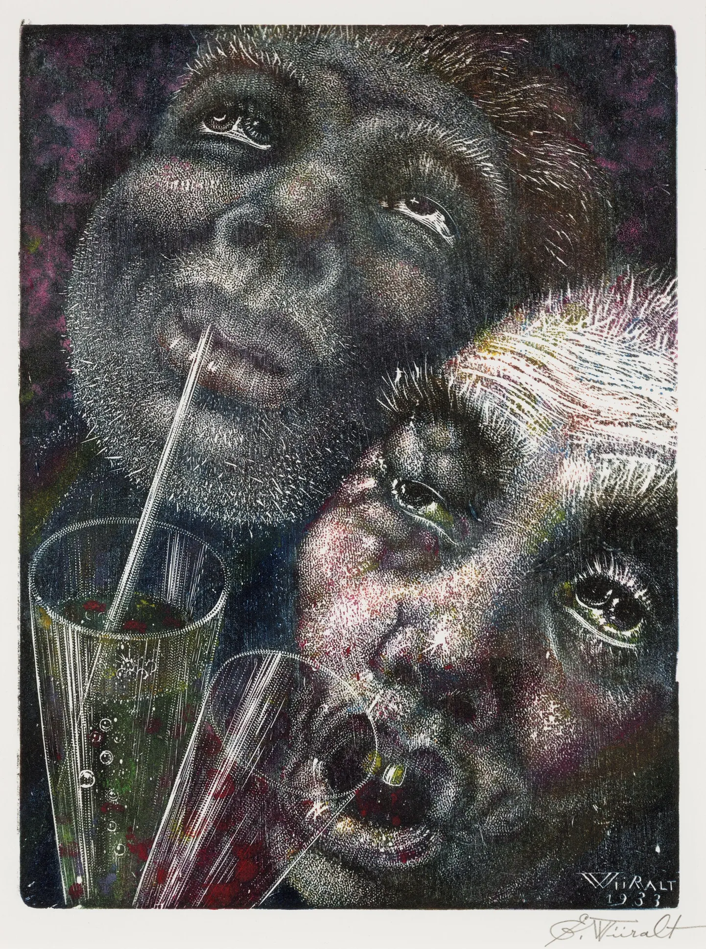 Eduard Wiiralt (1898–1954) «Absindijoojad». 1933. Värviline puugravüür. Eesti Kunstimuuseum