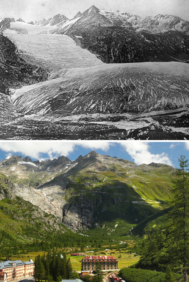 Šveitsi Rhone'i liustik 1849. aasta fotol (üleval) ja 21. augustil 2019 tehtud fotol.