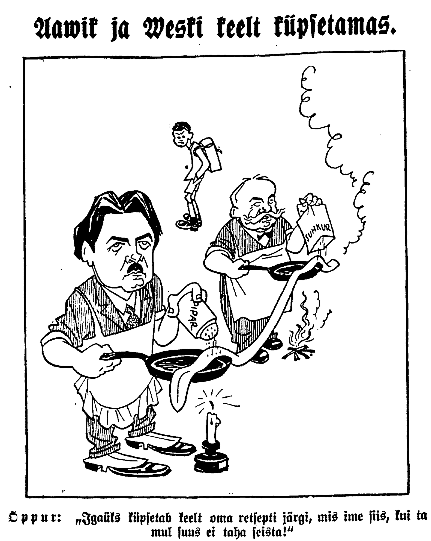 Gori karikatuur: Johannes Aavik ja Johannes Voldemar Veski keelt küpsetamas. Avaldatud Wabas Maas 20. veebruaril 1936.