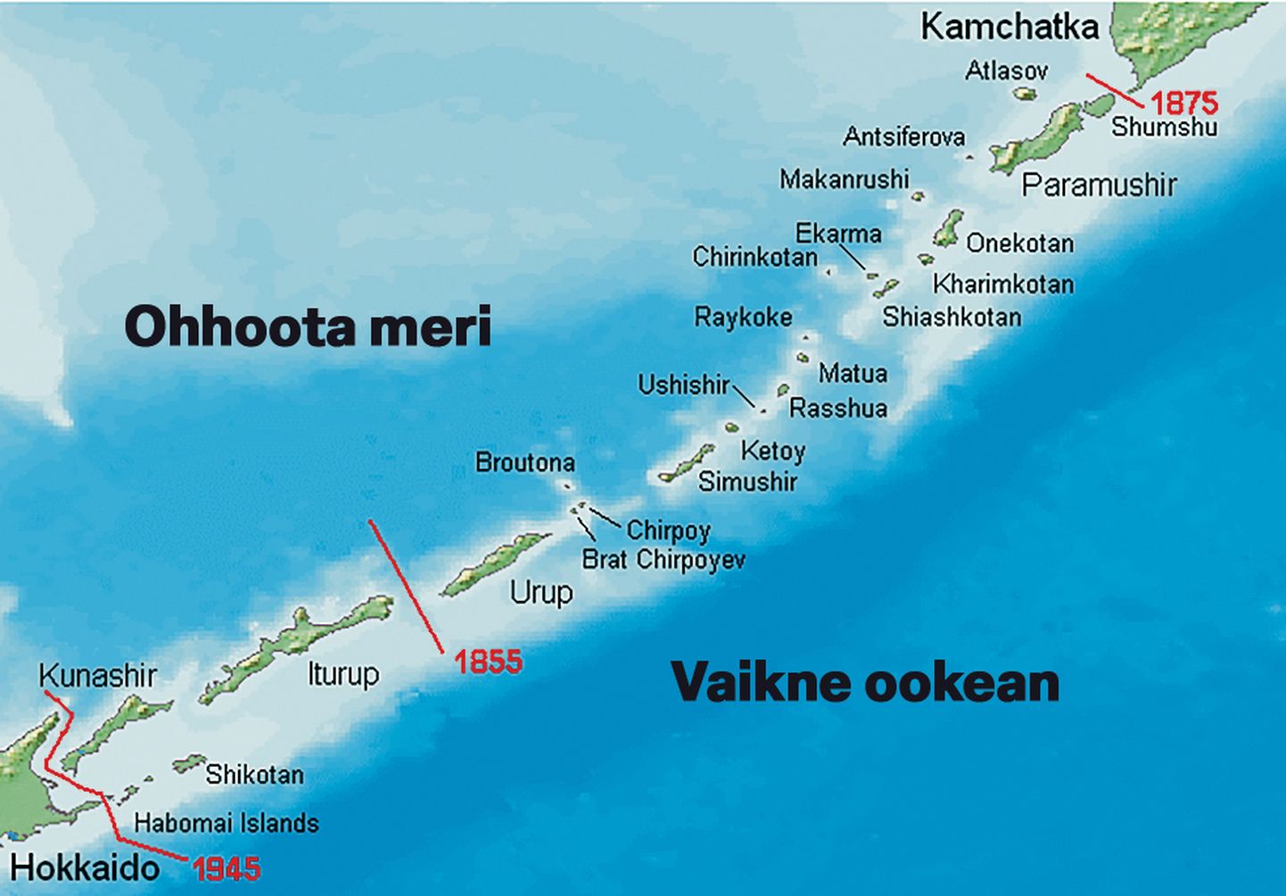 JAAPAN pretendeerib saartele, mis jäävad punasest joonest 1855 lõuna poole. 1855. aasta veebruaris sõlmiti Venemaa ja Jaapani vahel Shimoda kokkulepe, mille järgi läksid need saared Tokyole. 1875. aasta Peterburi kokkuleppe kohaselt loovutas aga Venemaa kõik Kuriili saared Jaapanile ja sai vastutasuks Sahhalini saare. Veel on kaardil punasega märgitud aasta 1945, kui Nõukogude Liit haaras kõik Kuriili saared oma koosseisu.