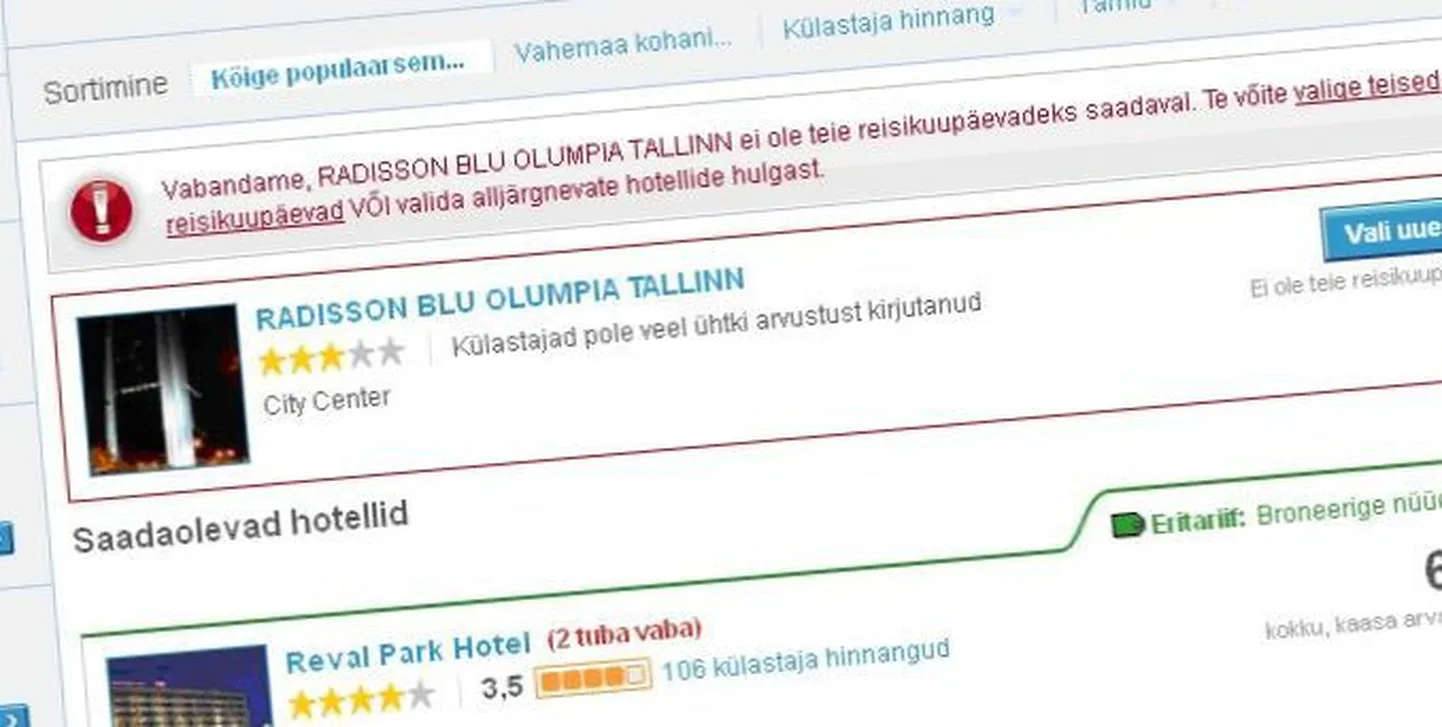Fragment hotellide broneerimisveebi Hotels.com otsingutulemustest 22. augustil 2011.