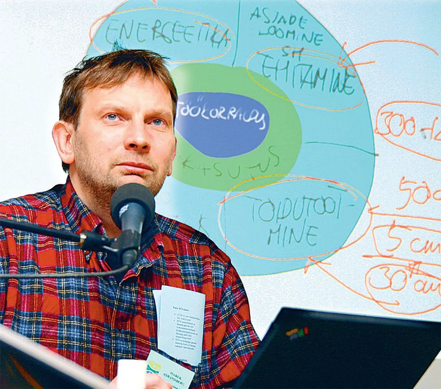 Tulevikku vaatav Marek Strandberg visandas Põlva ökomessil tahvlile nägemuse sellest, kuidas inimesed saaksid ökokodudes elades kaasa aidata rohelise Eesti püsimisele.