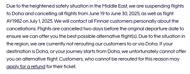 Finnair on otsustanud Dohasse või Dohast lendajaile alternatiivseid lende mitte pakkuda.