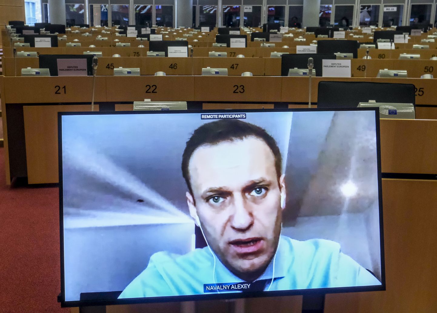 Vene opositsiooniliider Aleksei Navalnõi videosilla abil Euroopa Parlamendi välisasjade komitee ärakuulamisistungil Brüsselis, 27. novembril.