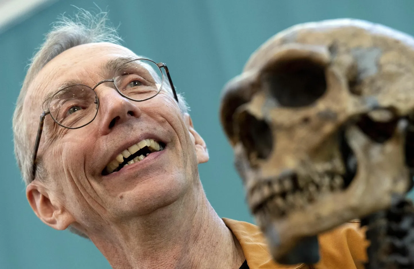 Vanad sõbrad – Svante Pääbo oma kabinetis elutseva neandertallase luukere mudeliga.