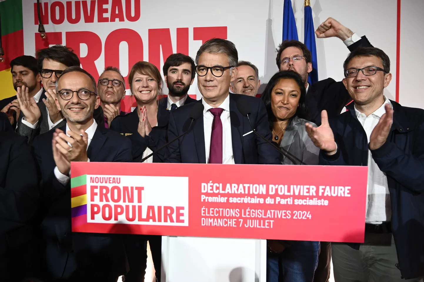 Sotsialistliku partei (PS) juht Olivier Faure reageerimas vasakpoolse koalitsiooni Uus Rahvarinne (NFP) valimisvõidule 7. juulil 2024. aastal.