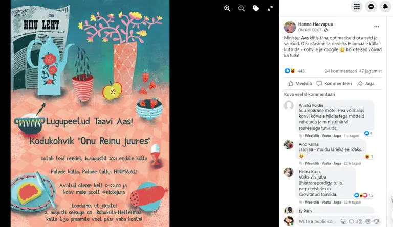 Minister Taavi Aasale mõeldud kutse Hiiumaa kodukohvikute päevale.