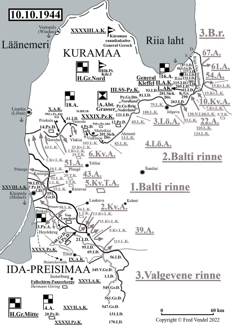 Kuramaa kaart Fred Vendeli raamatust «Kuramaa koti teke ja võitlused Saaremaal. 1.–14. oktoober 1944».