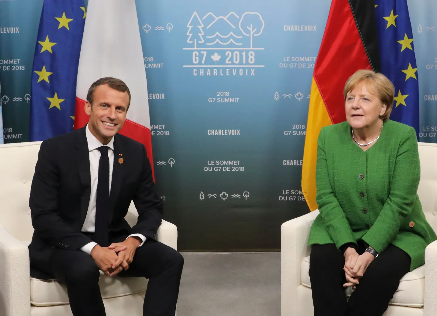 Emmanuel Macron ja Angela Merkel G7 tippkohtumisel Kanadas.