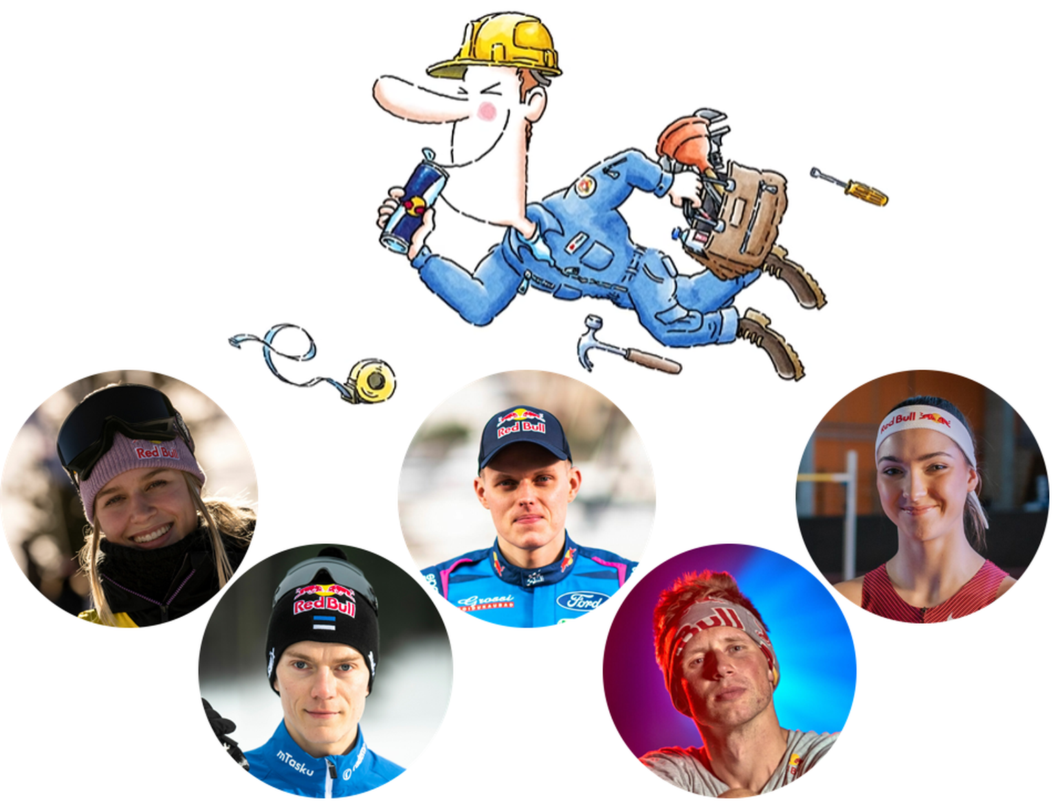 Eesti sportlased, kes Red Bulli tuge naudivad. Vasakult paremale: Kelly Sildaru, Kristjan Ilves, Ott Tänak, Jaan Roose ja Karmen Bruus.