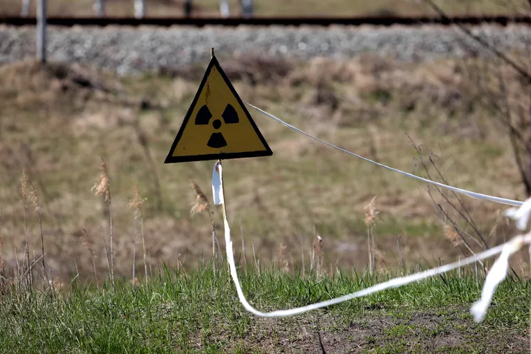 KYIV REGION, UKRAINE - APRIL 28, 2022 - An international ionizing radiation trefoil symbol is pictured in the Chornobyl Exclusion Zone pictured after the withdrawal of Russian troops, Kyiv Region, northern Ukraine. //UKRINFORMAGENCY_1831.06911/2205011058/Credit:Hennadii Minchenko/SIPA/2205011114