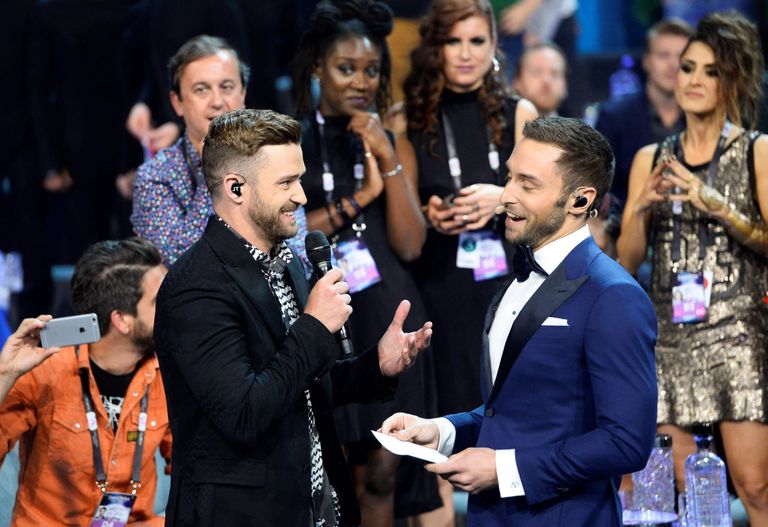 Justin Timberlake ja Mans Zelmerlow Stockholmis. / JONATHAN NACKSTRAND / AFP