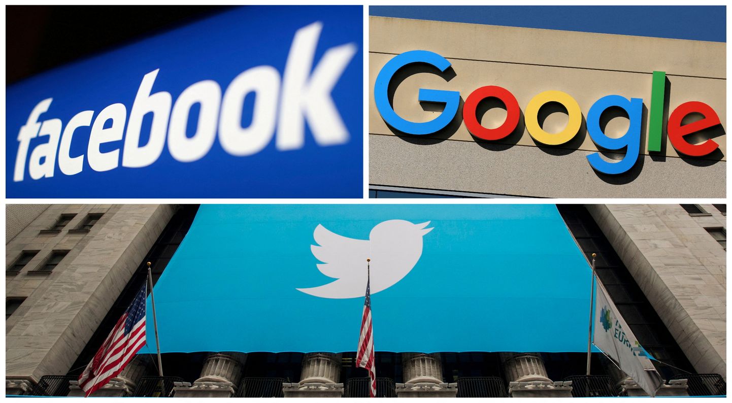 Ühismeediahiidude - Facebooki, Google'i ja Twitteri - logod.