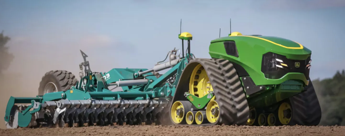 John Deere on loonud terve põlvkonna robot-traktoreid ja nende juhtimissüsteeme: ilma tehisaruta pole juba lähiajalgi võimalik toitu toota ja seda ilma keskkonda liialt koormamata. Pildil on autonoomne elektritraktor haakeriistaga.