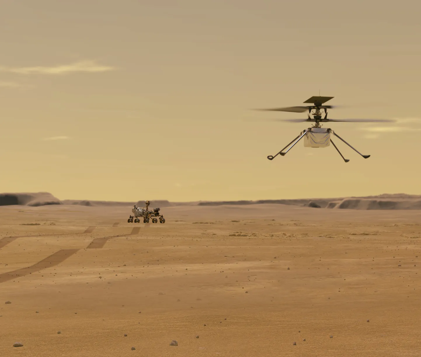 NASA kunstniku arvutijoonistus helikopter Ingenuityst ja kulgur Perseverance'ist Marsil