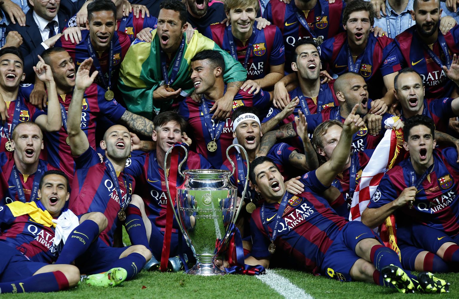 FC Barcelona meeskond tähistamas eelmisel kevadel Meistrite liiga võitmist.