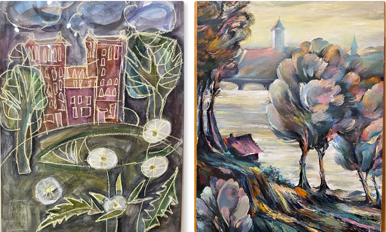 Картины из коллекции Нарвской галереи: Елена Сабинина, «Цветы Кренгольма» (2022) и Шамиль Алиев, «Пейзаж с Нарвским замком» (2023).  