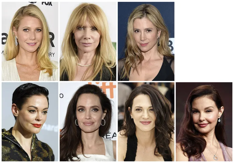 Näitlejannad, kelle teatel on Harvey Weinstein neid seksuaalselt ahistanud: ülalt vasakult alates - Gwyneth Paltrow, Rosanna Arquette, Mira Sorvino ja alumises reas Rose McGowan, Angelina Jolie Pitt, Asia Argento ja Ashley Judd / Reuters/AFP/AP/SCANPIX