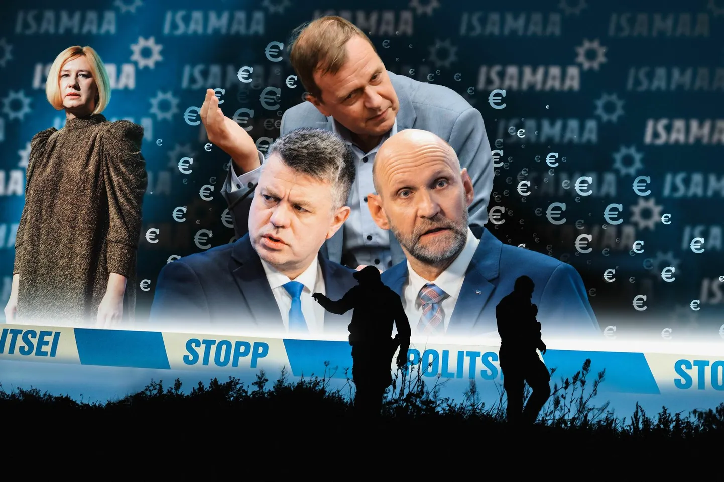 Selles, et Parvel Pruunsild (keskel üleval) suuri summasid järjepidevalt igal aastal Isamaale kui erakonnale annetab, võib sama kindel olla kui päikse loojumises läände. Keskkriminaalpolitsei menetluses võivad uurimise all olla aga alternatiivkanalitest tehtud annetused, ajal mil Lavly Perlingu (vasakul) Parempoolsed pidasid sisesõda esimehe Helir-Valdor Seedri (paremal all) Isamaa tiivaga. Praegune esimees Urmas Reinsalu (vasakul all), nagu ka paljud isamaalased, ei tea, et erakond oleks keelatud annetuse tõttu uurimise all.
