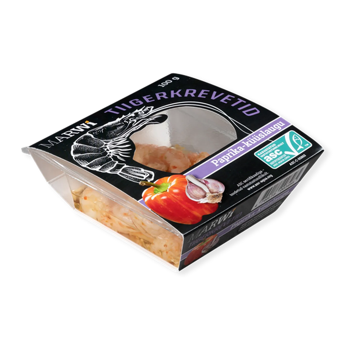 Marwi Vannamei krevetid paprika ja küüslauguga on toodetud Pärnumaal JP Foods ASis.