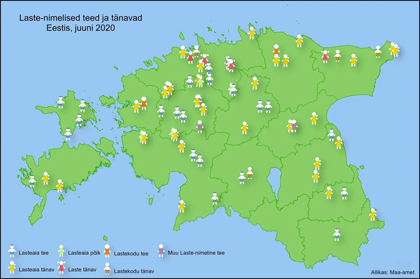 Maa-ameti kaart laste-nimelistest teedest ja tänavatest.