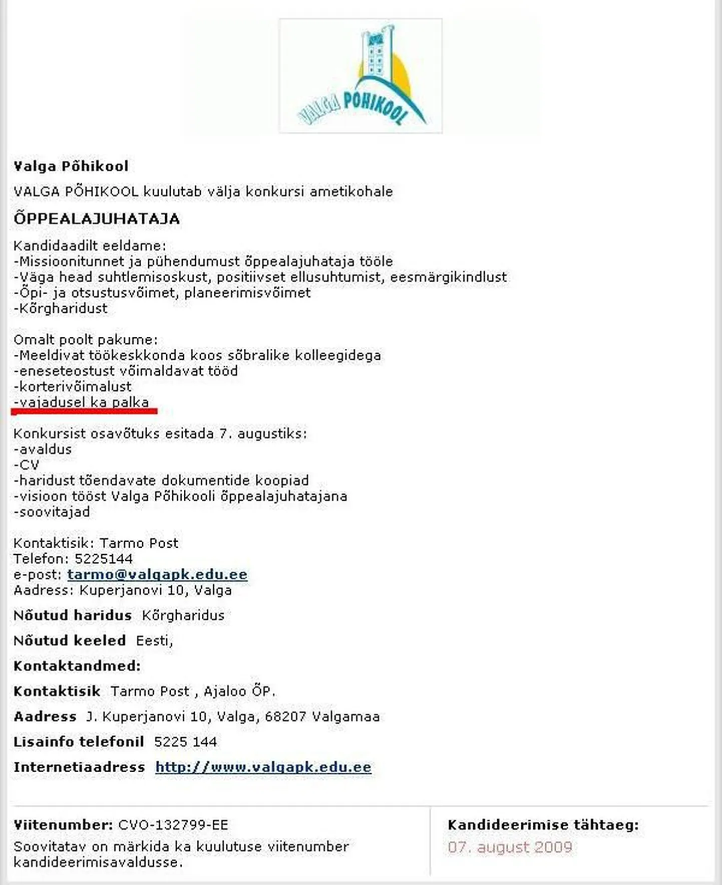 Valga Põhikooli tööpakkumiskuulutus