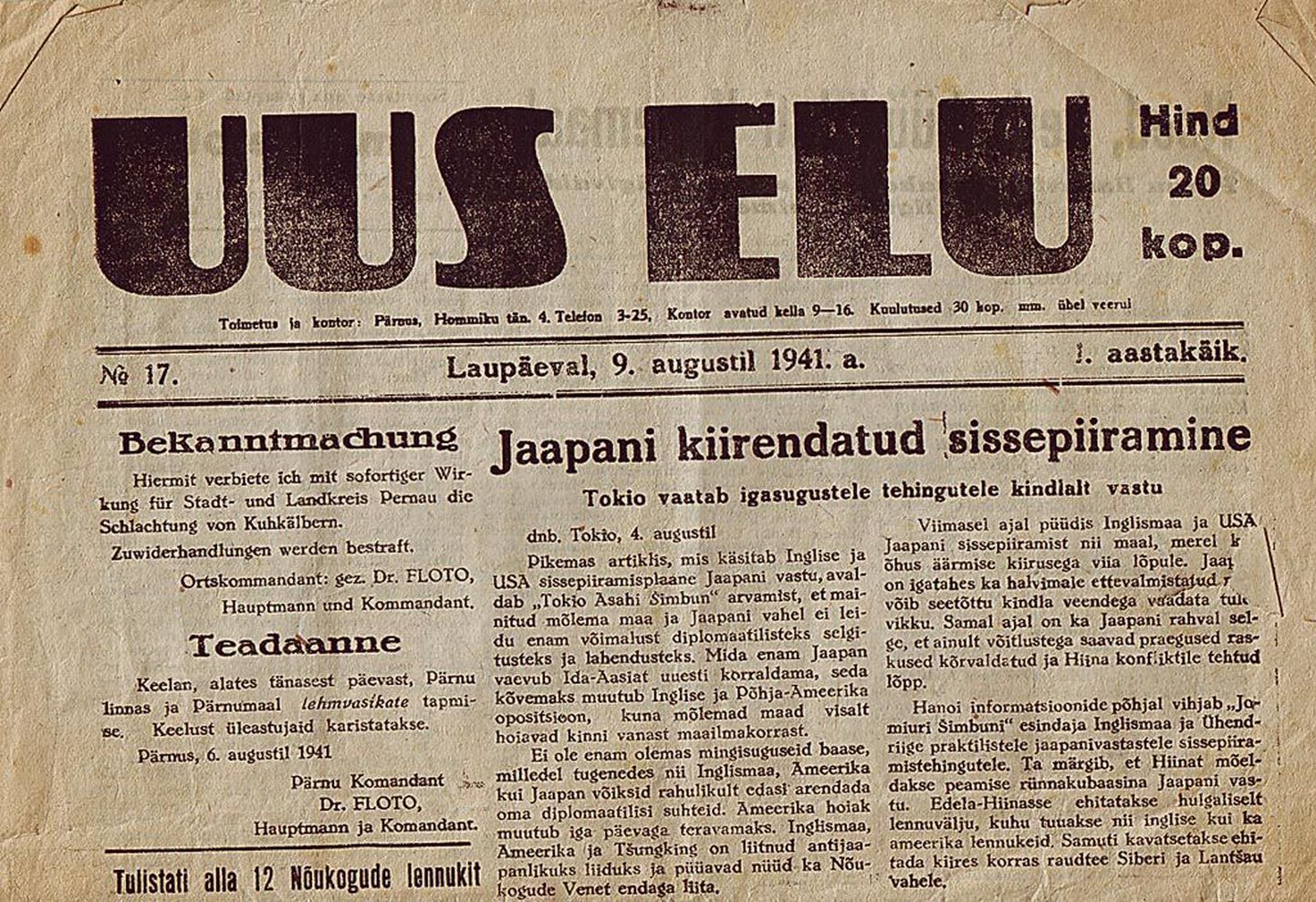 10. juulil 1941 ilmuma hakanud ajaleht Uus Elu.