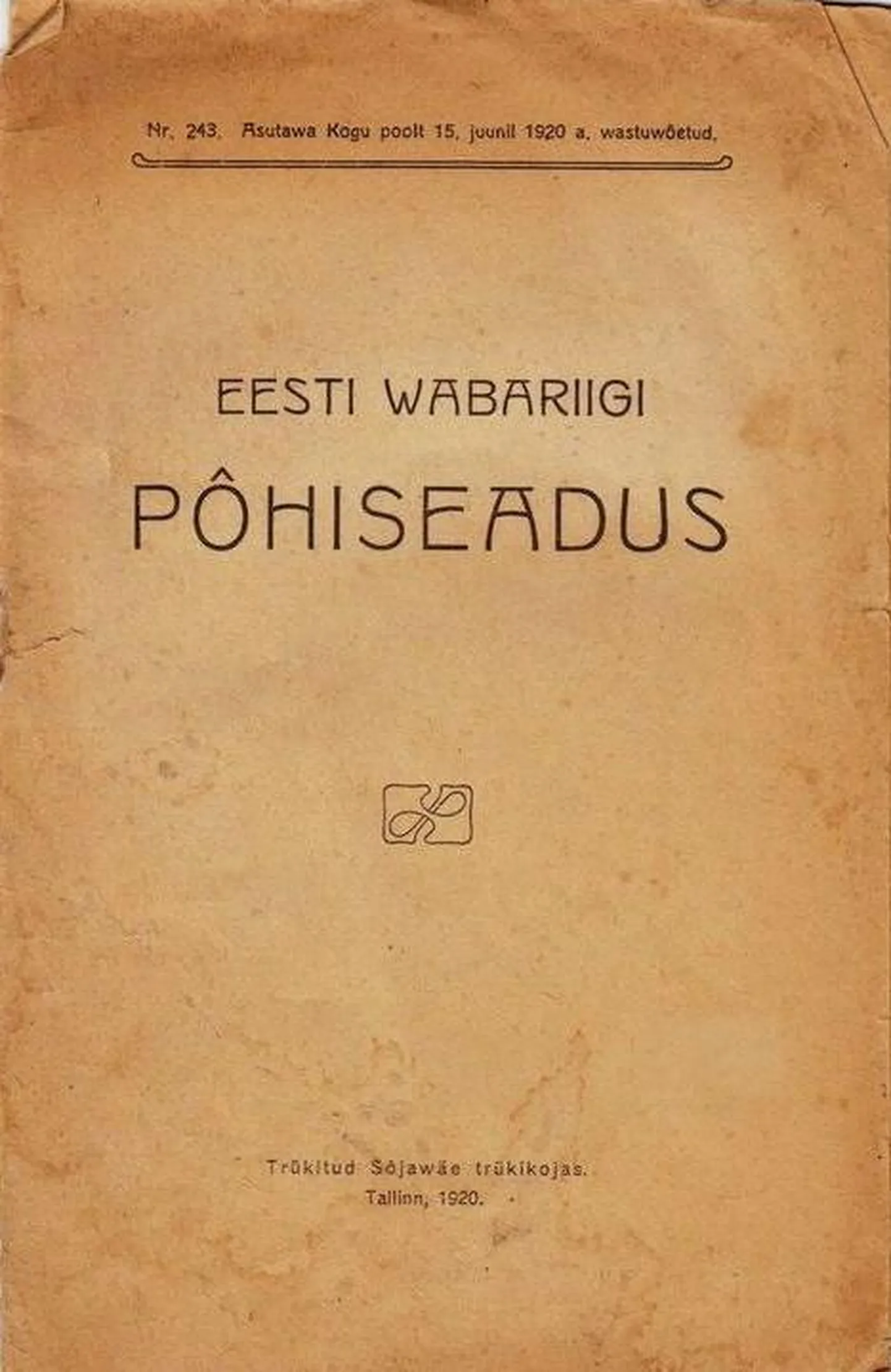 Põhiseaduse trükiväljaande esikaas aastast 1920.