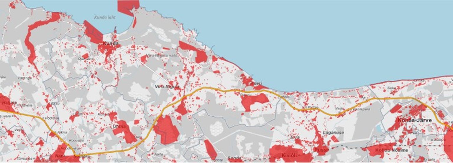 Sellel kaardil on punaseks värvitud need alad, mida on maanteekoridori planeerimisel soovitatav vältida.