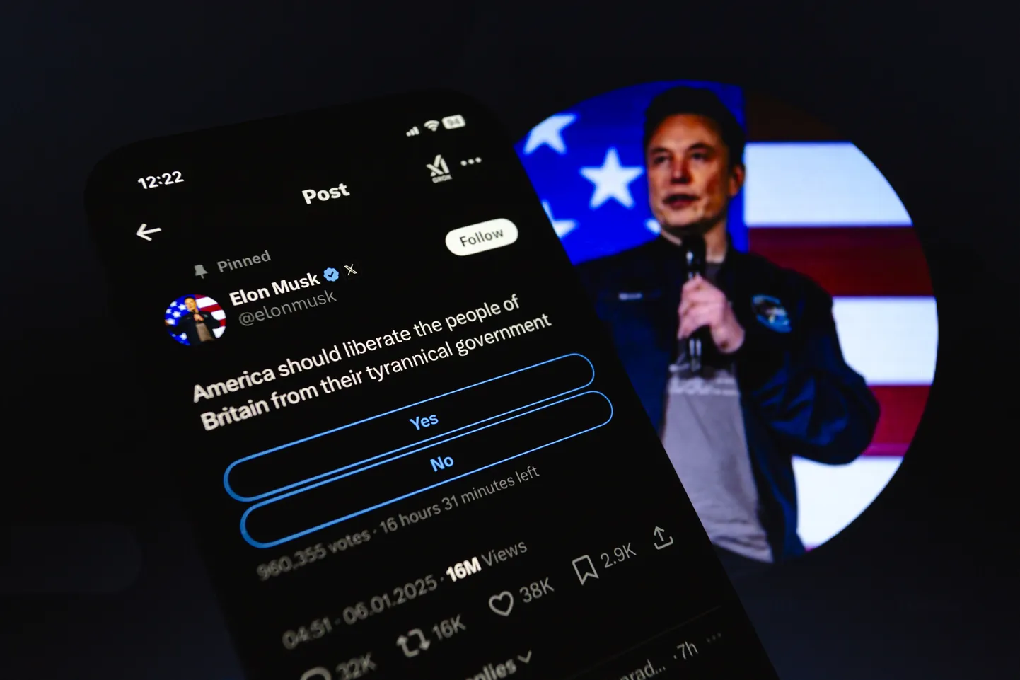 6. jaanuaril 2025 said jälgijad Elon Muski X-kontol hääletada, kas Ameerika peaks vabastama Briti rahva nende türanlikust valitsusest.