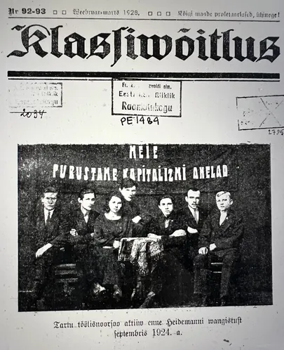 Ajakiri Klassivõitlus, trükitud 1928 Leningradis. Pildil poseerivad Tartu kommunistid, kes vangistati 1924.
