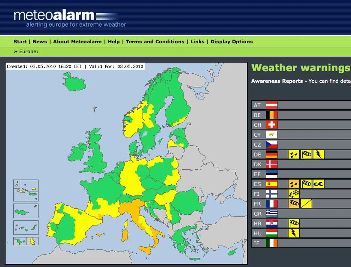 Fragment Meteoalarmi kodulehest.