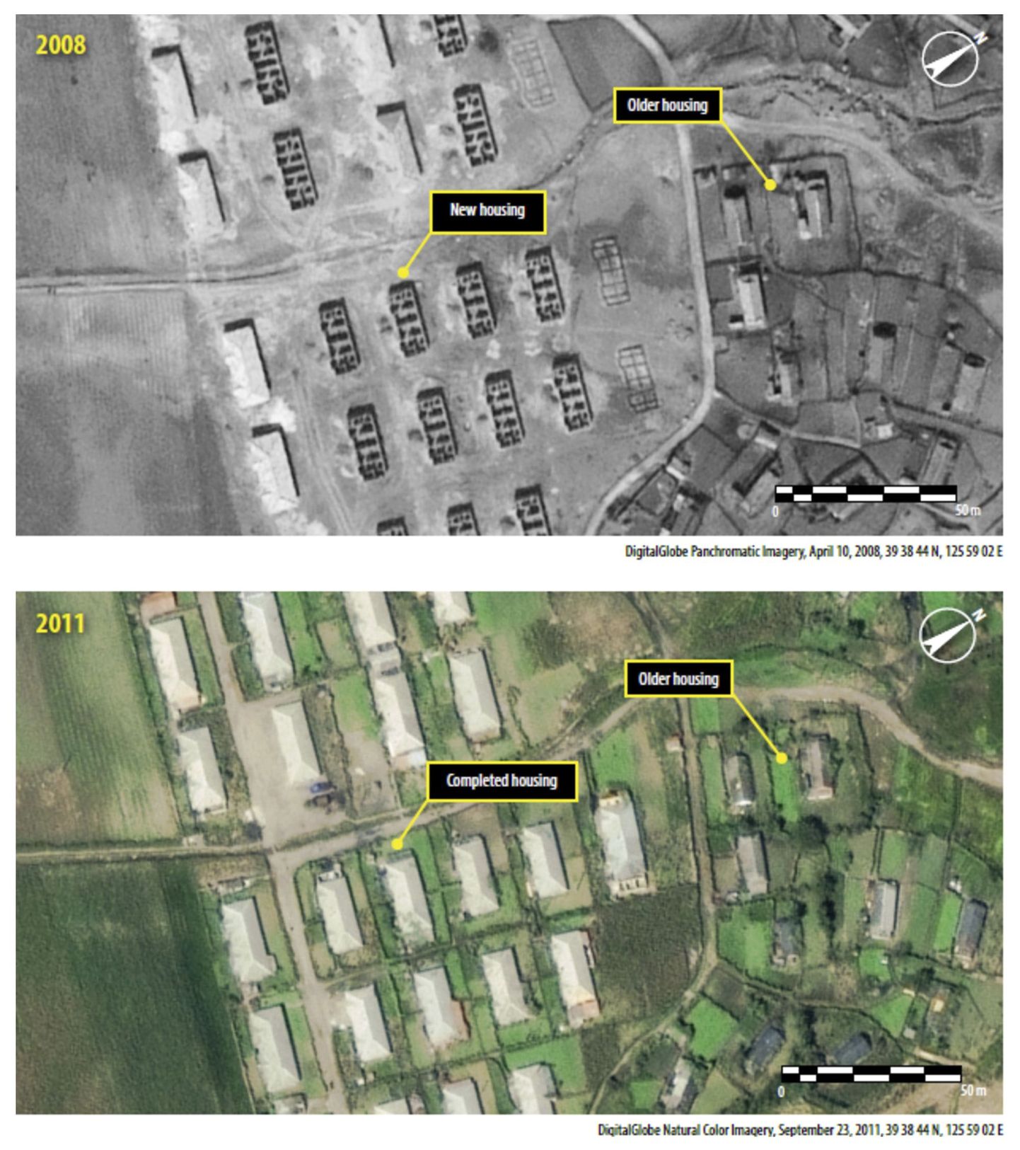 Põhja-Korea vangilaagrist tehtud satelliitfoto 2008. aastast ja 2011. aastast