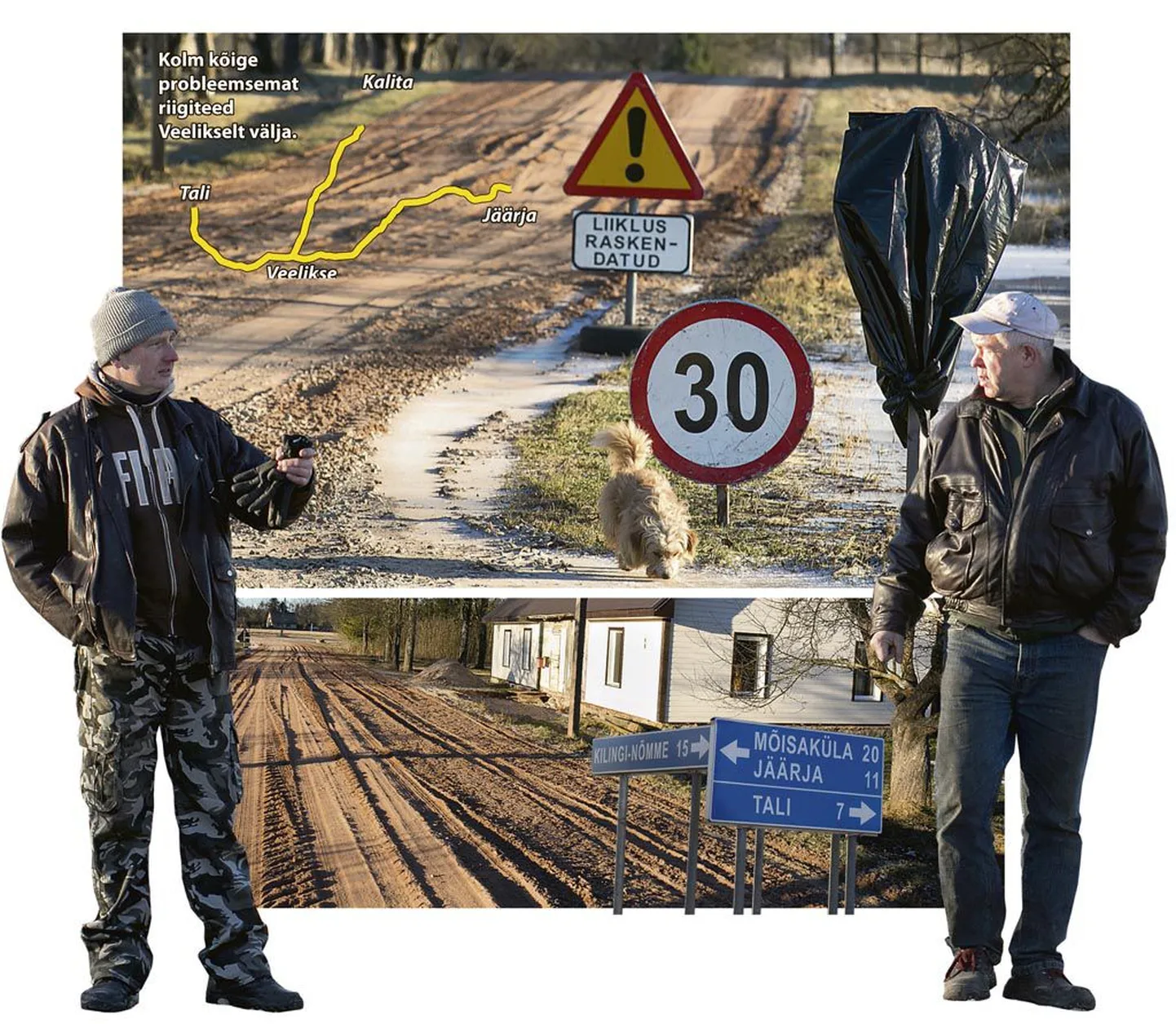 Veelikse küla talupidajad Aleksander Vilinurm (vasakul) ja Ago Jürgenson on nördinud riigi suhtumise pärast, mis jätab riigile kuuluvad kruuskattega teed järjest halvemasse olukorda. Riigimaantee number 19303 Tali-Jäärja, pildistatud 28. detsembril 2015. Selle tee äärde jääb mitu talu ja seal elavad inimesed, kes pääsevad kodust välja vaid autoga.