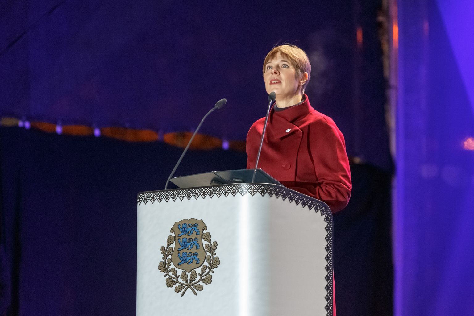President Kersti Kaljulaid peab oma aastalõpukõne Vabaduse väljakul.