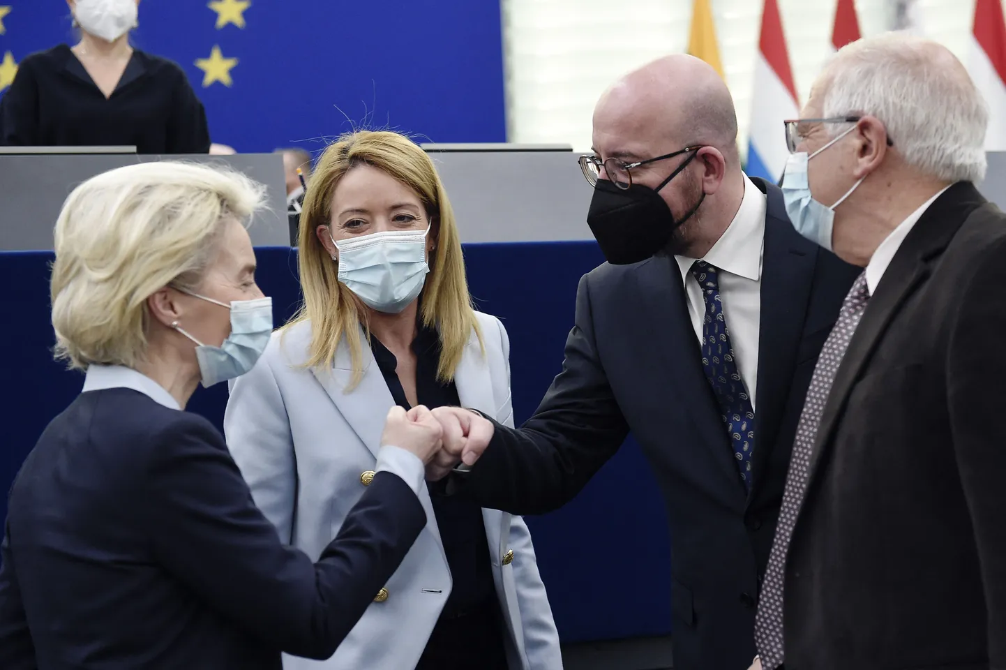 Euroopa Komisjoni president Ursula von der Leyen, Euroopa Parlamendi president Roberta Metsola, Euroopa Nõukogu president Charles Michel ja Euroopa Nõukogu välispoliitika juht Josep Borrell.