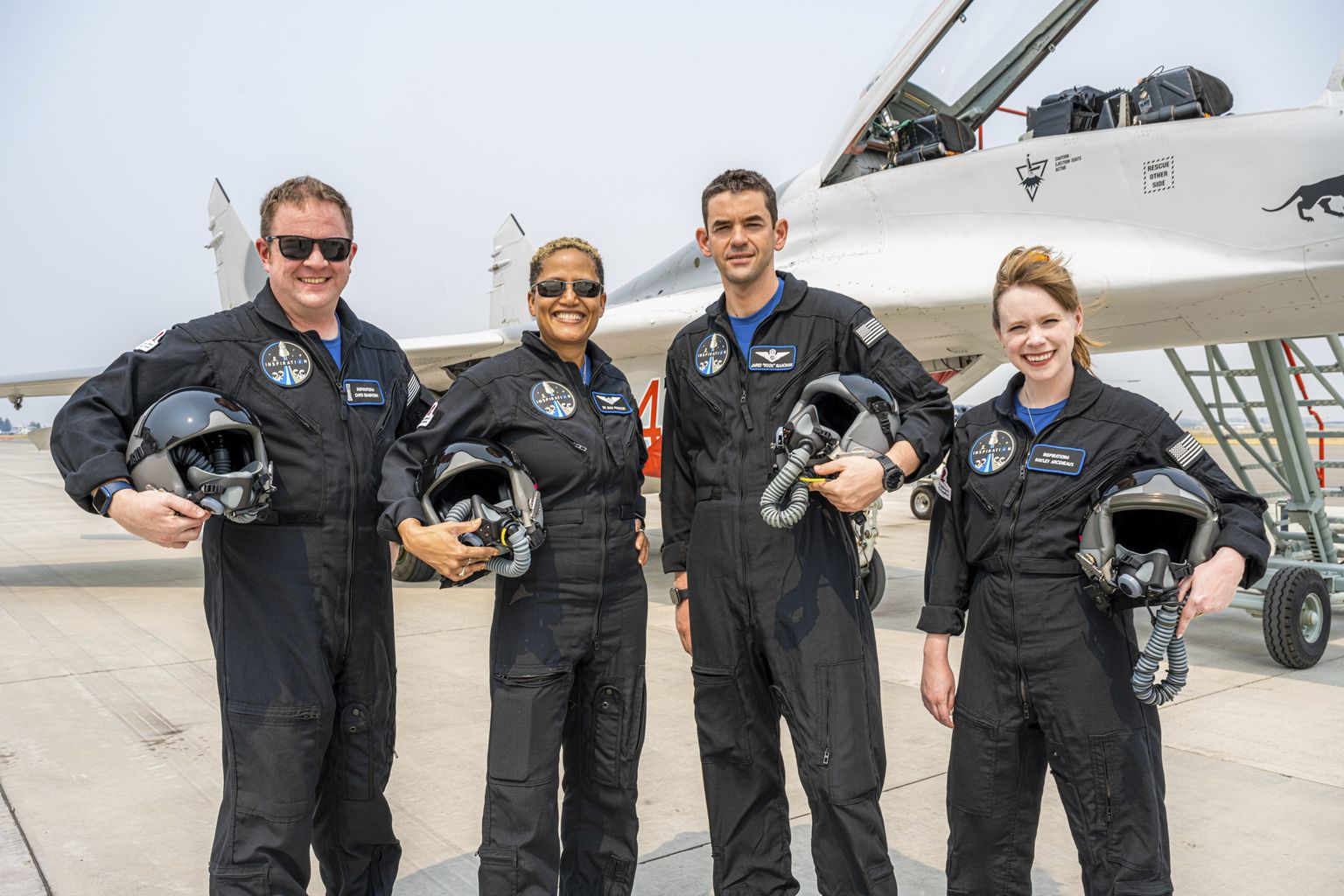 SpaceXi tsiviillennul osalejad vasakult: Chris Sembroski, Sian Proctor, Jared Isaacman ja Hayley Arceneaux Montanas augustis pärast kaaluta oleku treeningut