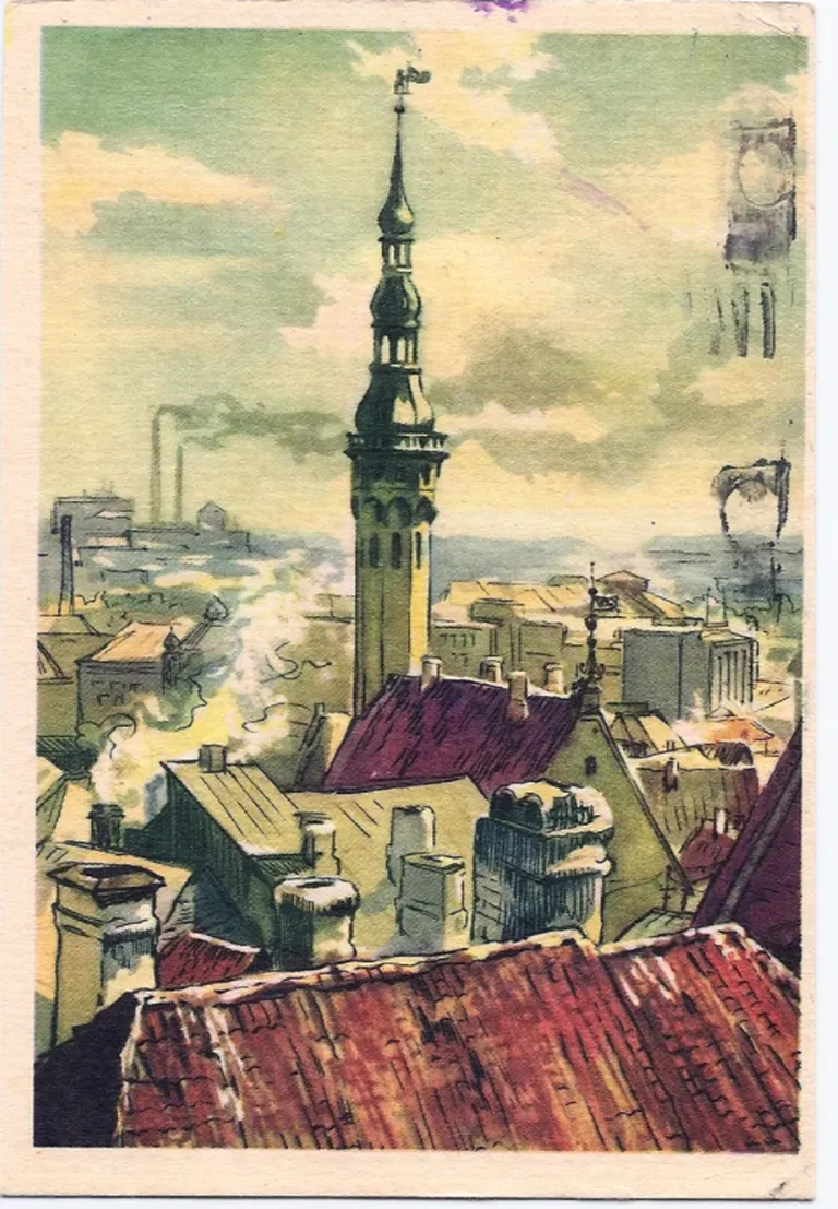 Открытка 1959 года. Таллин. Вид на ратушу. Худ. Х. Митт. Тирж 75000 экз.
