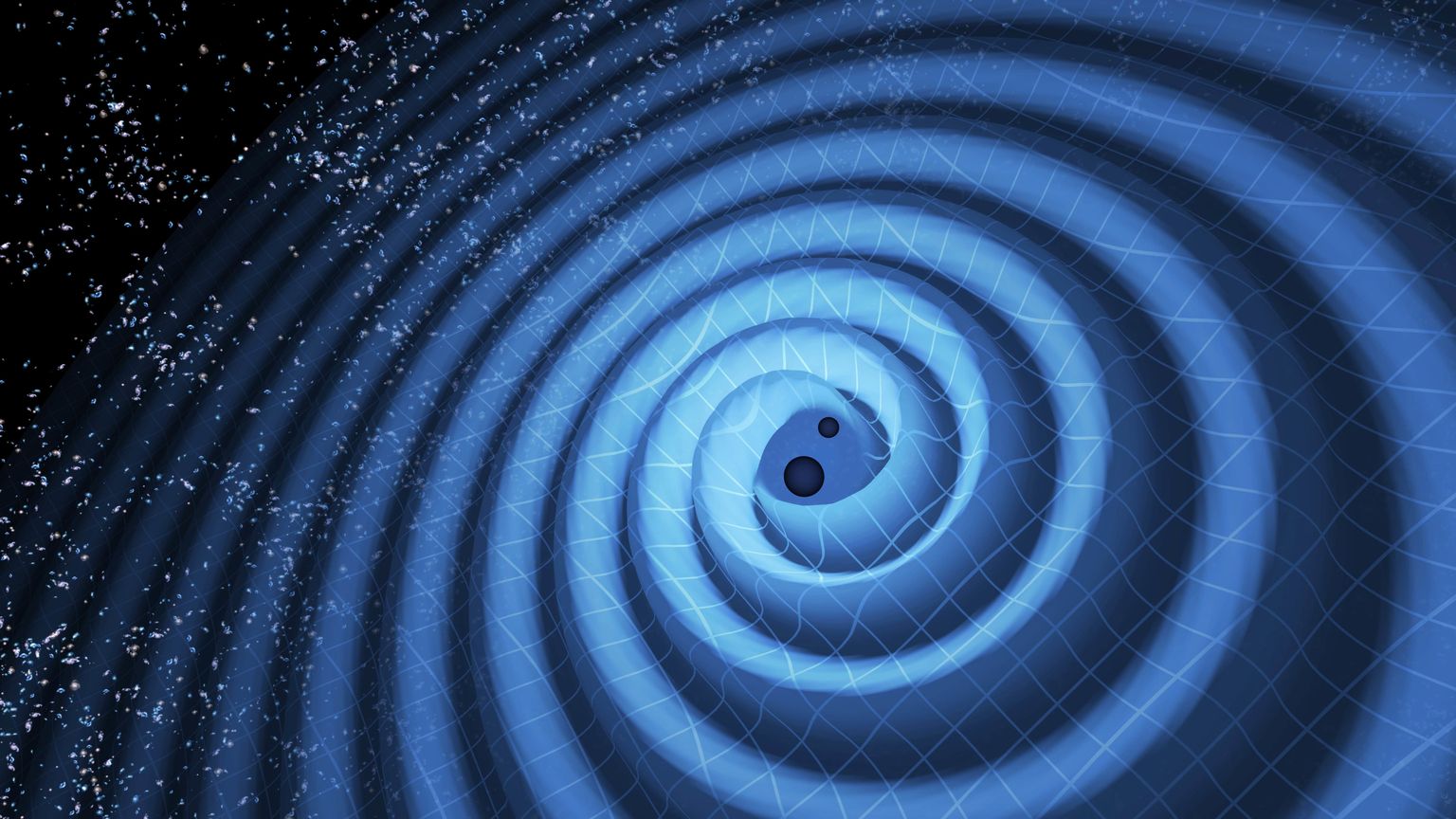 Illustratsioon kahe musta augu ühinemisele eelnevast spiraaltantsust ja sellega tekkivatest gravitatsioonilainetest.