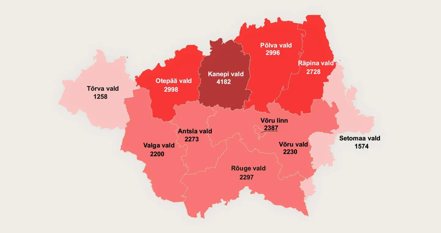 Viimase 14 päeva haigestumus 100 000 elaniku kohta Lõuna-Eesti maakondades.