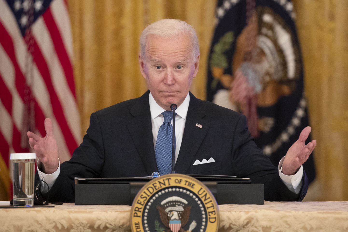 USA president Joe Biden 24. jaanuaril Valges Majas pärast konkurentsinõukogu kohtumist vastamas ajakirjanike küsimustele