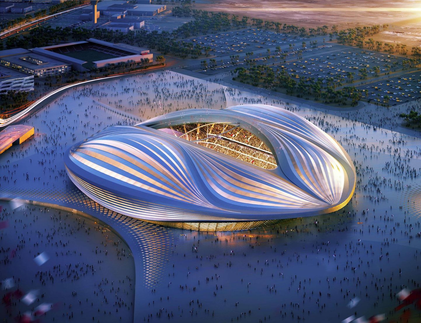 Taamal kõrb, esiplaanil ultramoderne staadion. Selline näeb välja arvutijoonis ühest kaheksast Doha mängupaigast.
