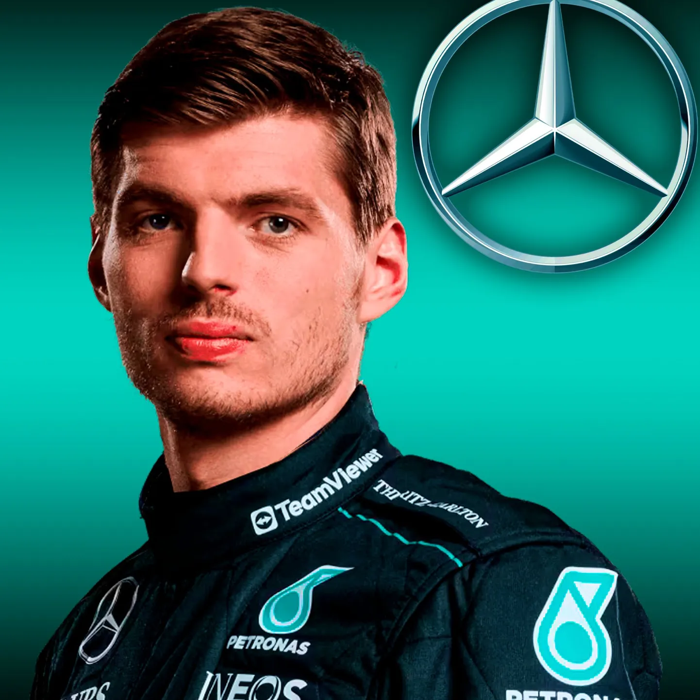 Max Verstappen Mercedese rüüs. Olgu igaks juhuks öeldud, et tegemist on töödeldud pildiga.