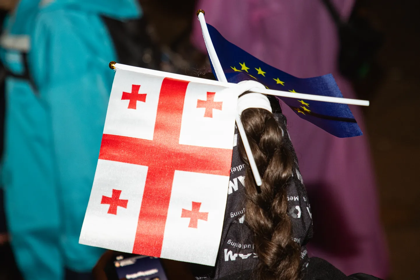 Euroopa Liidu ja Gruusia lipp meeleavaldaja käes.