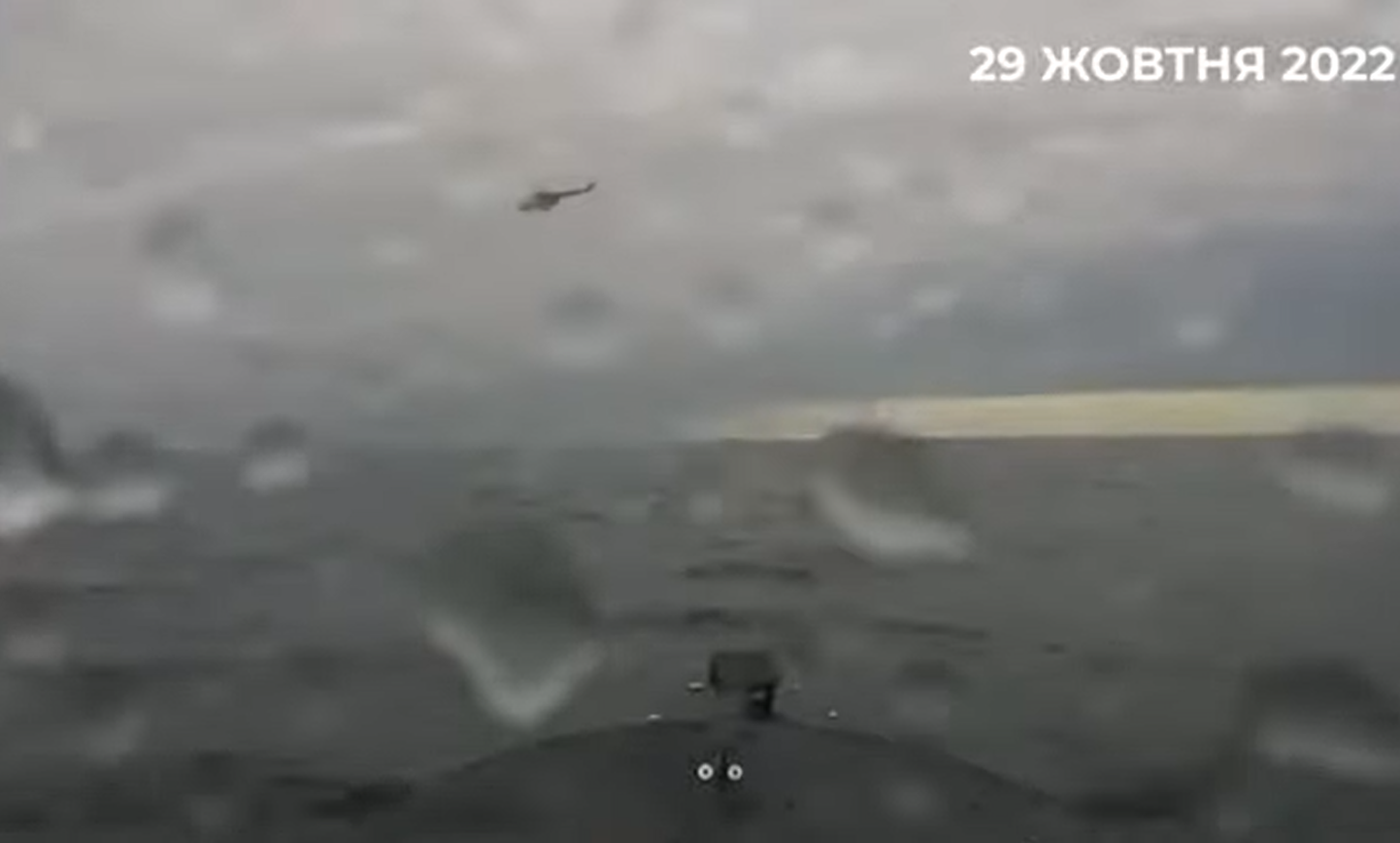 Кадр из видео атаки беспилотника на корабли РФ в Черном море